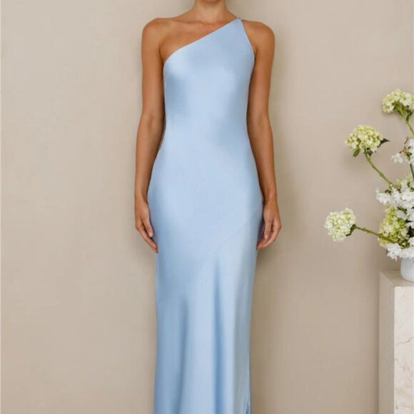 The Evangeline One Shoulder Satin Maxi Dress Blue - Picture 1 of 9